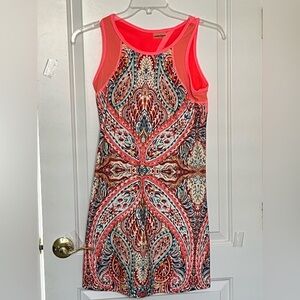 Nanette Lepore Carousel Mesh Trim Dress Sz S- M  Shelf Bra, Coral blue paisley